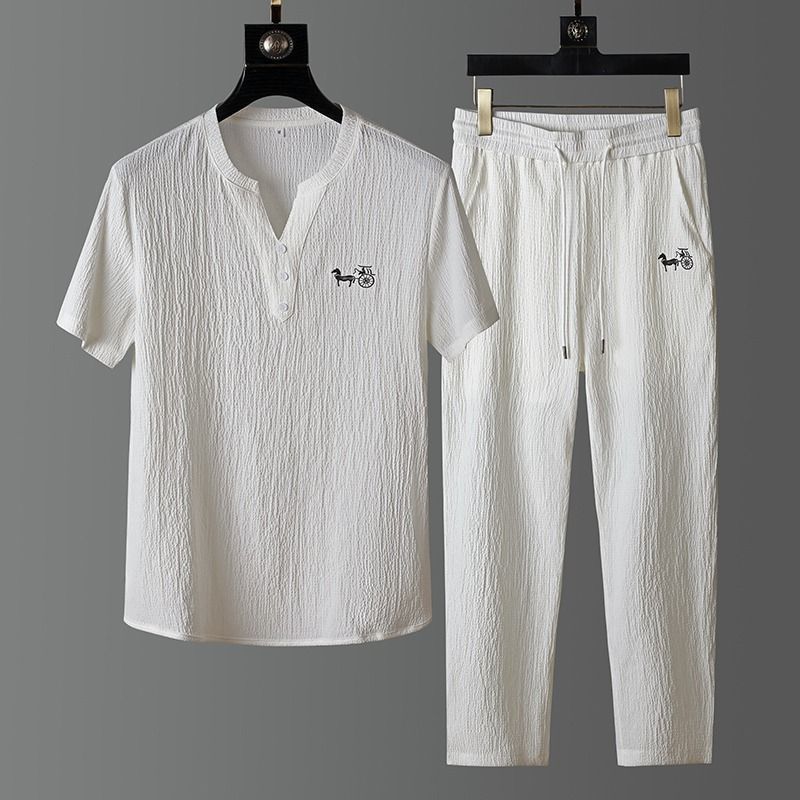 ชุดเสื้อยืดแขนสั้นผ้าลินินแฟชั - Short Linen Drawstring บทวิจารณ์และราคา